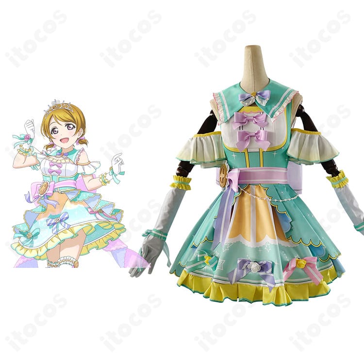 ラブライブ！スクフェス 小泉花陽 カウントダウンライブ編衣装の正面とキャラ比較。配色と王冠を含む装飾の忠実再現が分かる合成画像