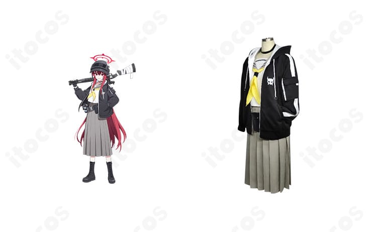 ブルーアーカイブ 河駒風ラブのコスプレ衣装一式を着用イメージで撮影。学園制服の配色とウエストポーチが映える全身コーデ。