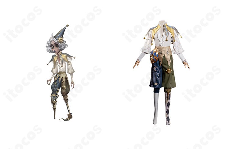 商品正面とキャラクターの比較。第五人格 ジョーカー（泣きピエロ）燃え尽きた太陽コスプレ衣装の全体像