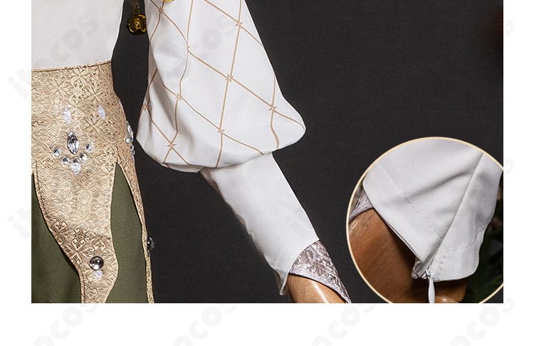 袖口装飾のクローズアップ。ステッチワークとトリムの質感、色分けを確認