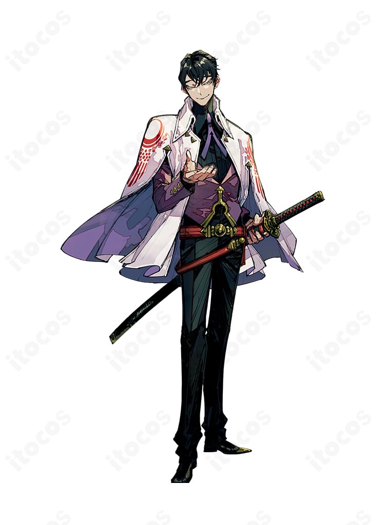 Fate/Grand Order（FGO）伊東甲子太郎の隊服風コスプレ衣装一式。白い羽織とジャケット、ネクタイを合わせたフルセットの正面全身カットで、忠実再現のディテールが分かる構図。