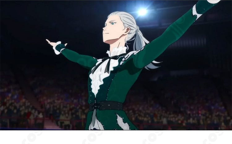 ユーリ!!! on ICE 劇場版のヴィクトル・ニキフォロフ衣装の正面全身。トップス・ズボン・ベルトの3点セットで、落ち着いた配色と端正なシルエットを忠実に再現。オーダーメイド対応のITOCOS製。