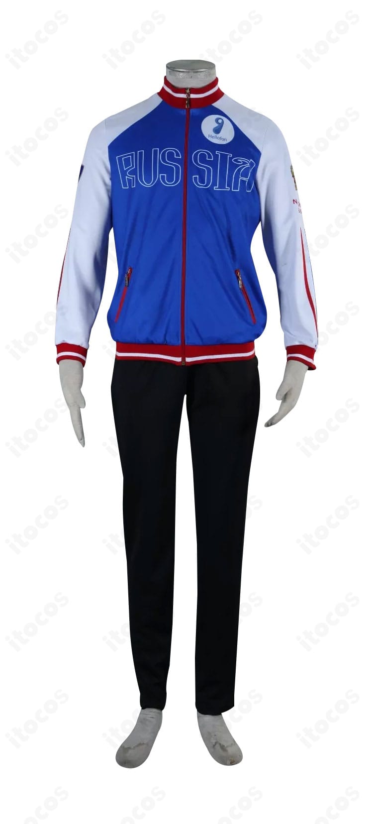 ユーリ・プリセツキー コスプレ衣装の正面全身。コートの前立てや装飾配置まで忠実に再現したディテール。