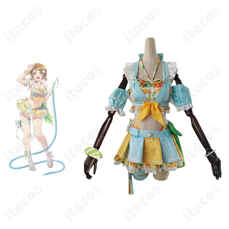 商品正面と小泉花陽の参考ビジュアルを並置した、ラブライブ！μ's 小泉花陽 くじ引き堂水着コスプレ衣装の全体イメージ