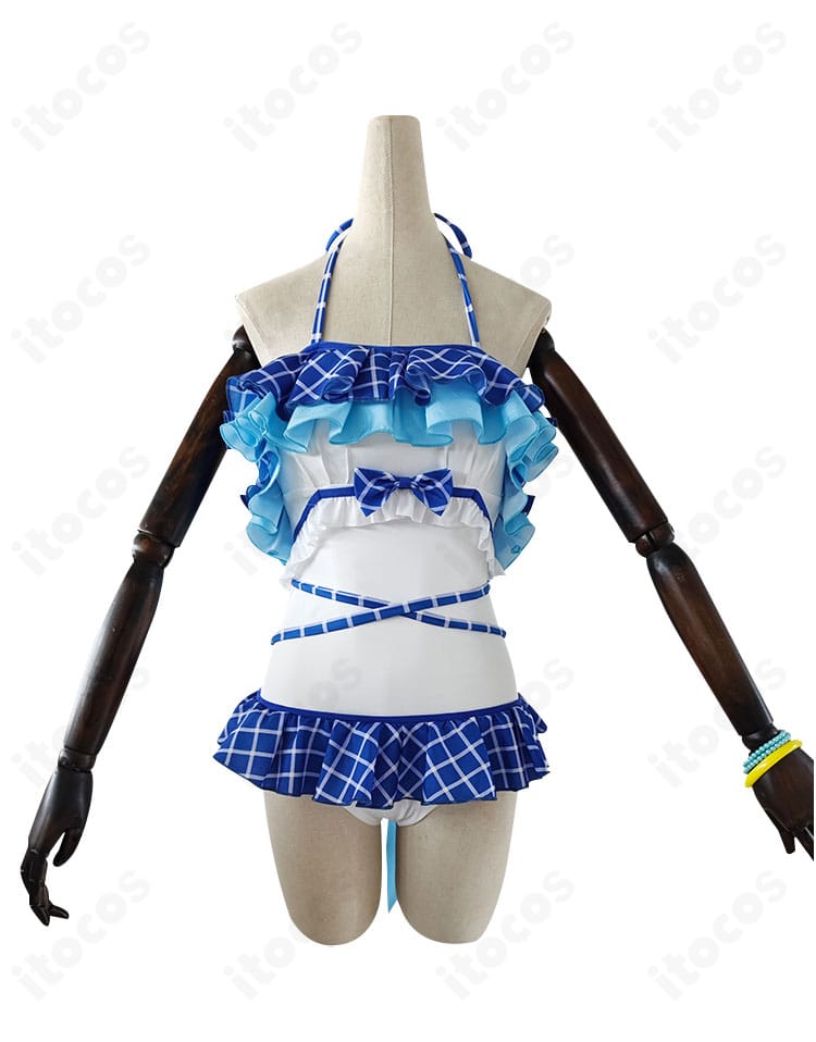 ラブライブ！園田海未 くじ引き堂水着コスプレ衣装の正面全体像（レオタード＋各種アクセ）