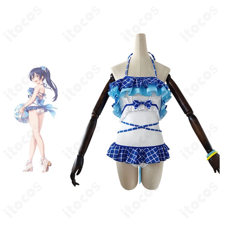 ラブライブ！園田海未 くじ引き堂水着のコスプレ衣装とキャラクタービジュアルを並べた正面写真
