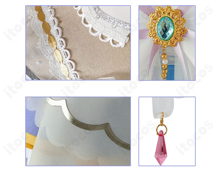 東條希 コスプレ衣装の襟元と背飾りディテール。つけ襟の形状と装飾の仕立てが分かる。