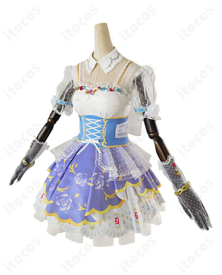 園田海未 ロイヤルプリンセス編コスプレ衣装の商品側面図。ウエストラインから広がるドレスのシルエットが美しく映る。