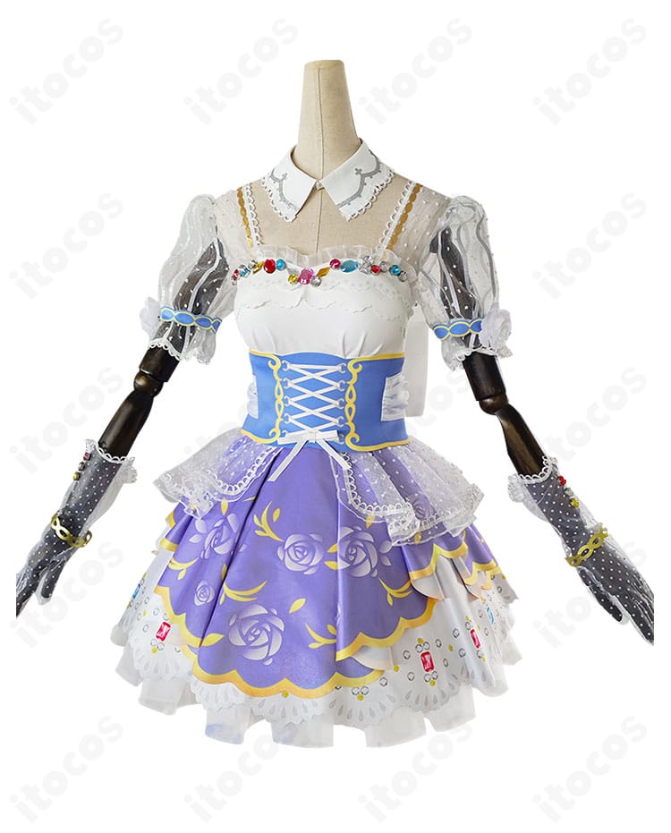 園田海未 ロイヤルプリンセス編コスプレ衣装の商品正面図。胸元の装飾とフリルが鮮やかに再現されたディテール。