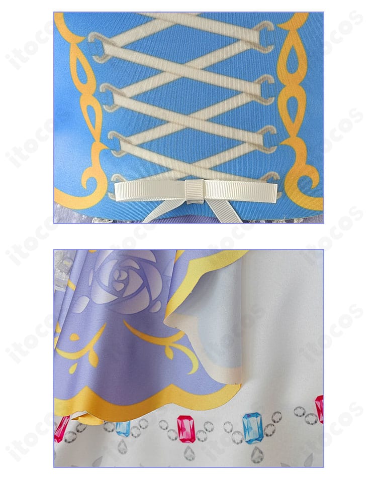 ラブライブ！スクフェス 小泉花陽 ロイヤルプリンセス編コスプレ衣装の腰飾りとスカートデザインの細部を示すクローズアップ画像