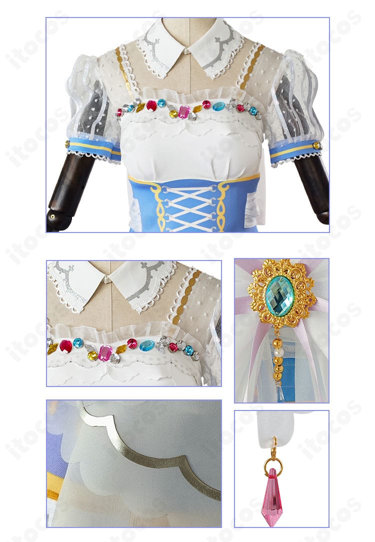 ラブライブ！スクフェス 小泉花陽 ロイヤルプリンセス編コスプレ衣装の襟元・アクセサリー・スカート裾の装飾ディテールを拡大した画像