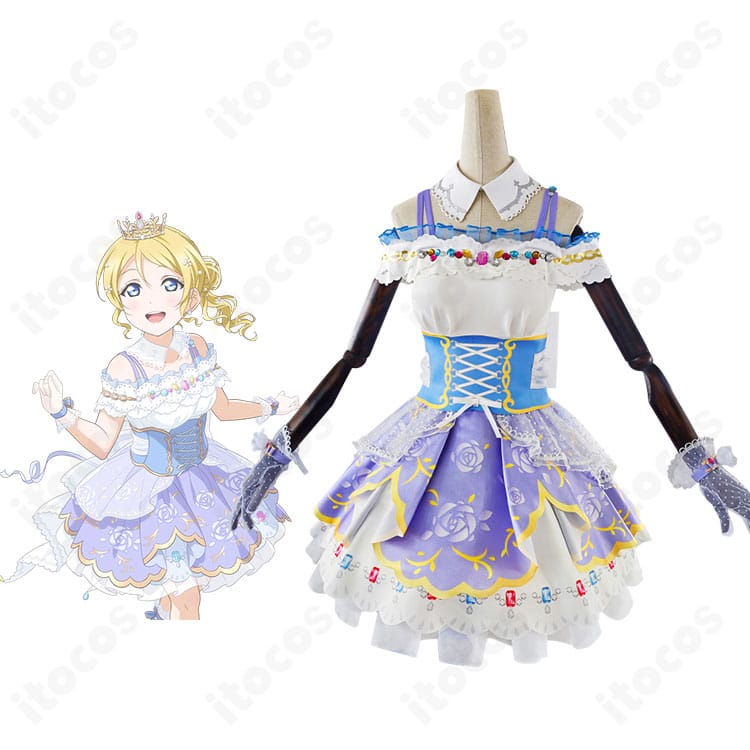 絢瀬絵里 ロイヤルプリンセス編の全身正面。イベント会場を想定した着用イメージで、上品な発色とAラインシルエットを確認できます。