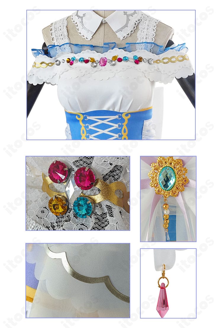 南ことり ロイヤルプリンセス編コスプレ衣装の装飾アップ。刺繍風モチーフとビーズ調パーツの質感詳細