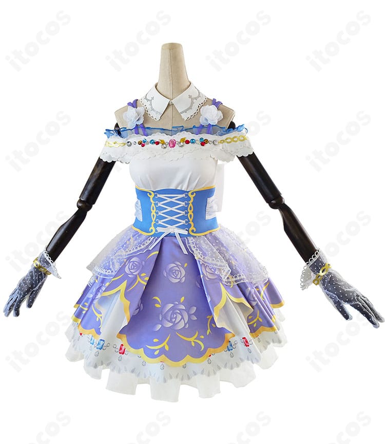 西木野真姫 コスプレ衣装 正面全体図。つけ襟とワンピースのバランス、プリンセス風ディテールを明瞭に写した写真