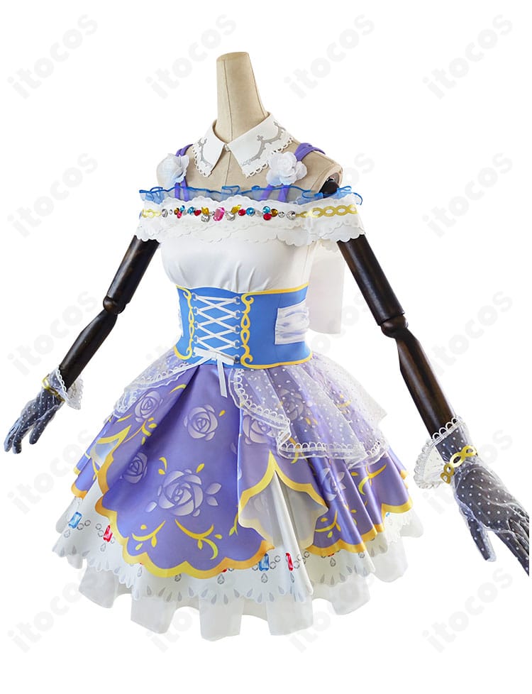 西木野真姫 コスプレ衣装 側面図。ウエストラインとスカートの広がり、装飾配置が分かるアングル