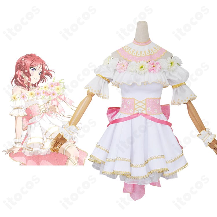 西木野真姫 フラワーフェスティバル編コスプレ衣装の全身正面。花柄と刺繍が映える高発色ワンピースのディテールが分かる画像