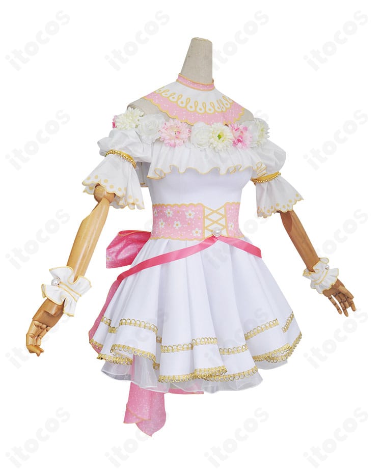 西木野真姫コスプレ衣装の側面。つぼみから大輪を表現したフラワーパーツとスカートレイヤーの立体感を強調した画像