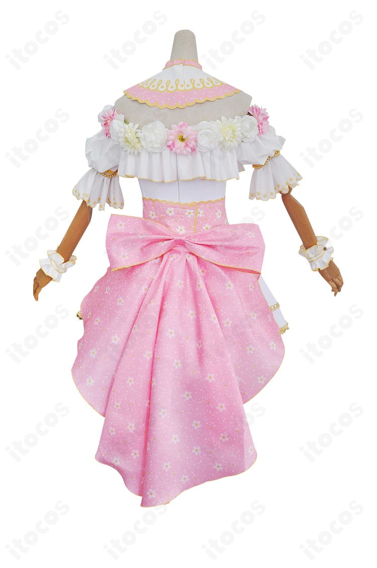 西木野真姫フラワーフェス衣装の背面。背中の留め具位置とリボン・背飾りの配置が分かる後ろ姿