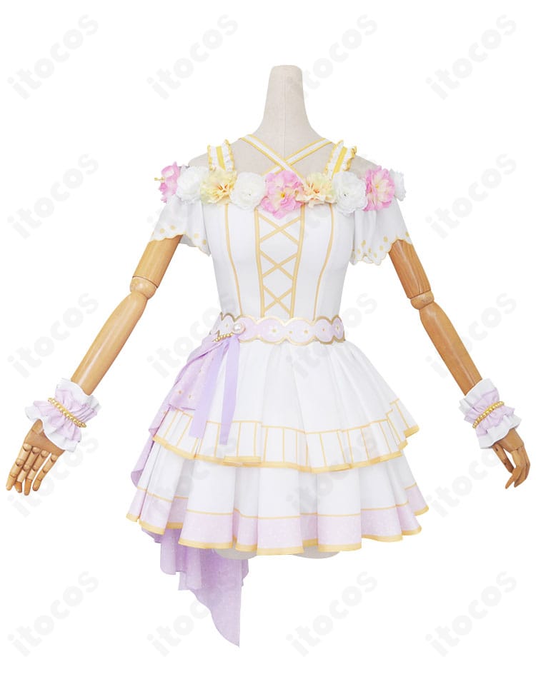 ラブライブ！スクフェス 東條希「花の女神」コスプレ衣装の正面全体。トップスとスカート、腰飾りを含む華やかな配色とシルエットを詳細に確認できる画像。