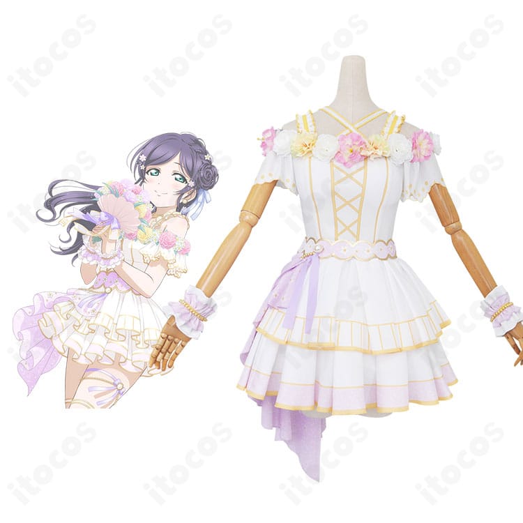 商品正面とキャラクターの比較画像。ラブライブ！スクフェス 東條希 フラワーフェスティバル編「花の女神」衣装のフルコーデと公式ビジュアルの雰囲気を並置で確認できます。