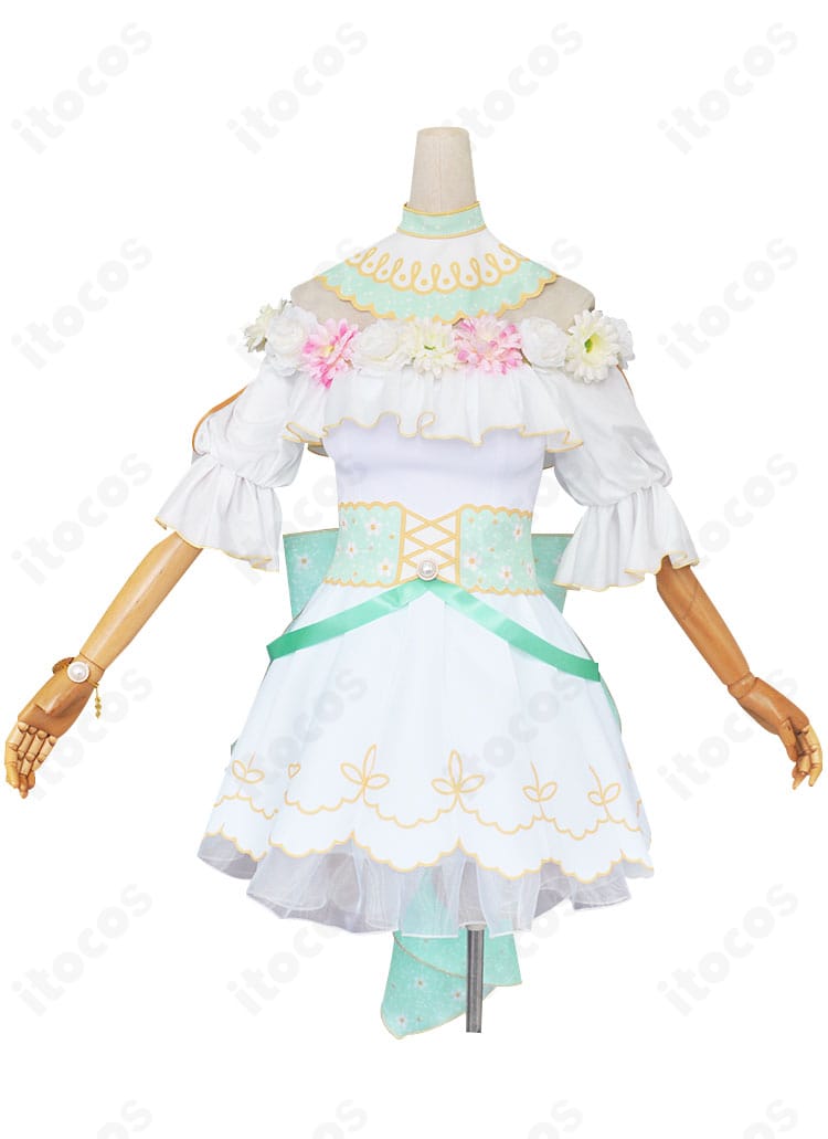 ラブライブ！スクフェス 小泉花陽「心に春咲き」コスプレ衣装の正面全体。つけ襟と胸元フリル、腰飾りの配色が確認できる