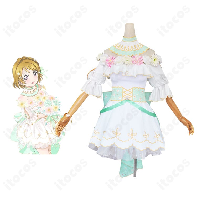 ラブライブ！スクフェス 小泉花陽「フラワーフェスティバル編 心に春咲き」衣装の正面とキャラクター比較。色味と装飾位置の再現度が分かる合成画像