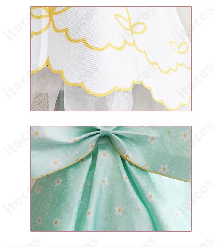 小泉花陽衣装のスカート裾と蝶の背面飾りディテール。フリルの重なりと光沢リボンの質感を強調