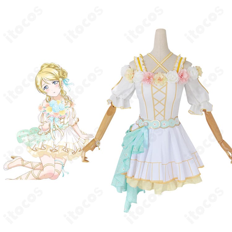 絢瀬絵里のフラワーフェスティバル編コスプレ衣装を着用したイメージ。華やかな花飾りと発色が分かる全身写真。