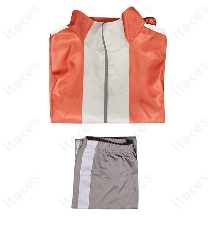 セット内容の展示。ダンダダン 円城寺仁（ジジ）コスプレ衣装のトップスとズボン2点セットの平置き画像。