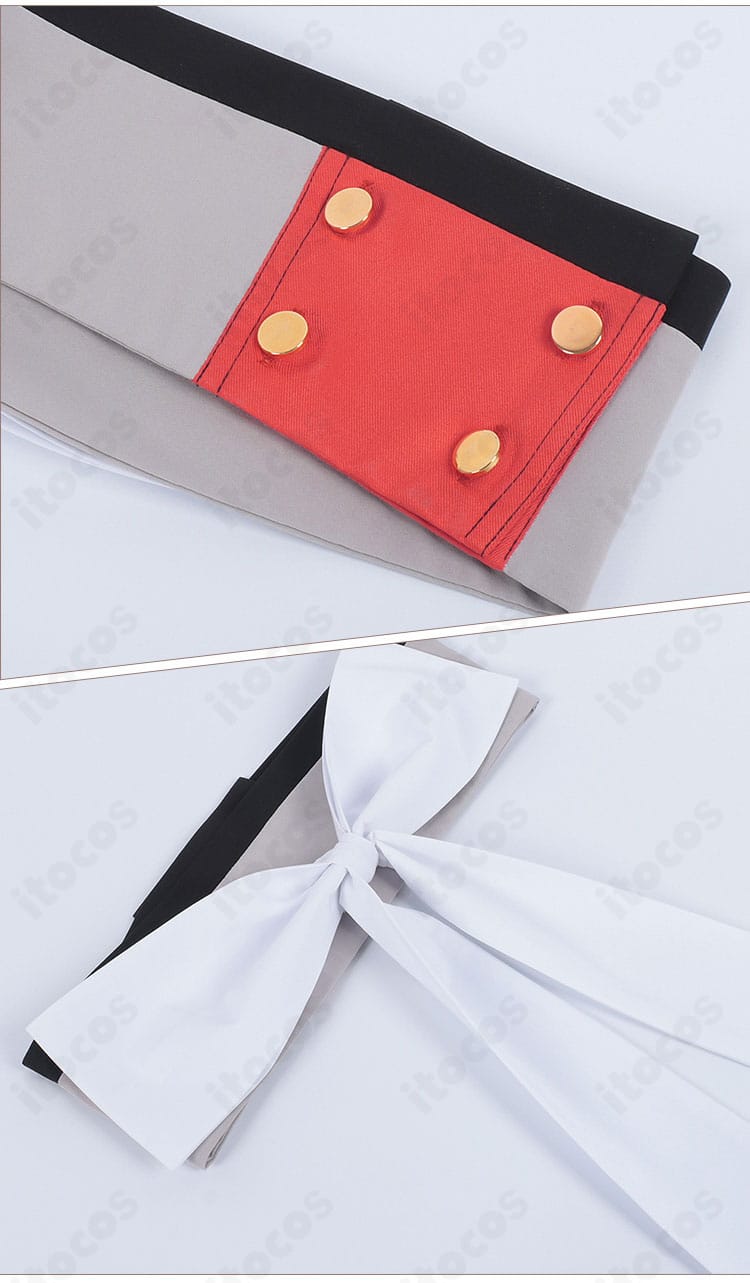 ウエスト飾り：蝶型のウエスト装飾と腰帯のディテール。シルエットを引き締めるポイントです。