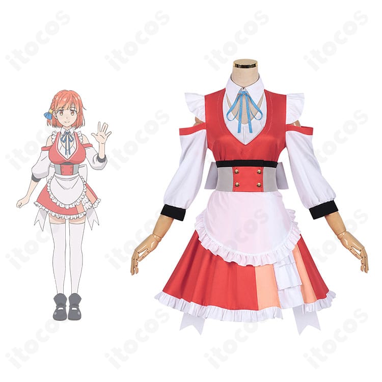 正面とキャラクター比較：いずれ最強の錬金術師？ マリアのコスプレ衣装を正面から。クラシカルなワンピースとエプロンの全体バランスを確認できます。