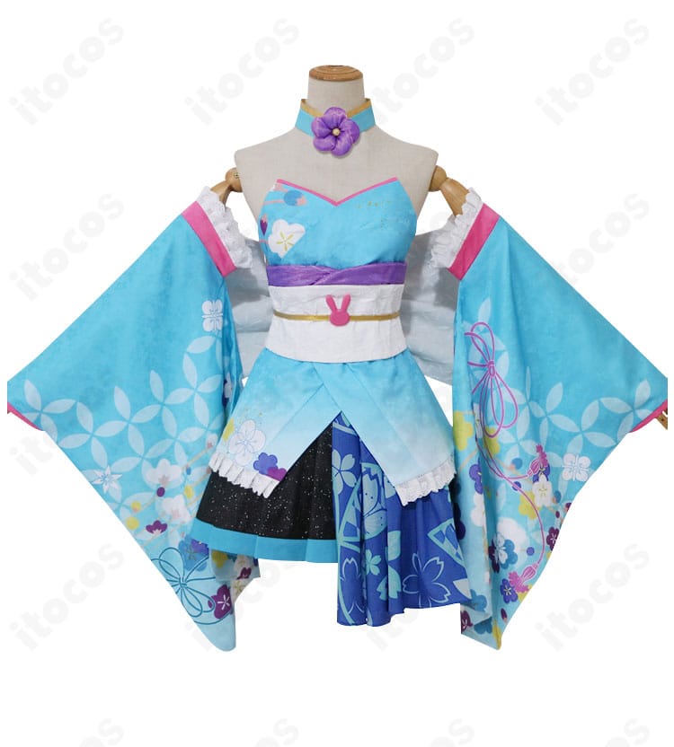 初音ミク 和バニー コスプレ衣装の正面全体像。和柄テイストのトップスとスカート、コルセットベルトの配置が分かります。