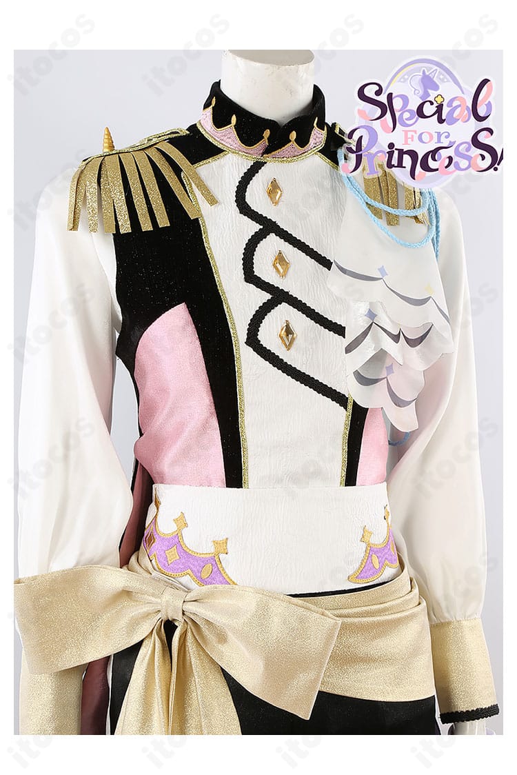 装飾クローズアップ｜刺繍風モチーフと金属風パーツなど、冴霧笑主・名都神無・花群冬芽・宝丈萩香衣装の細部