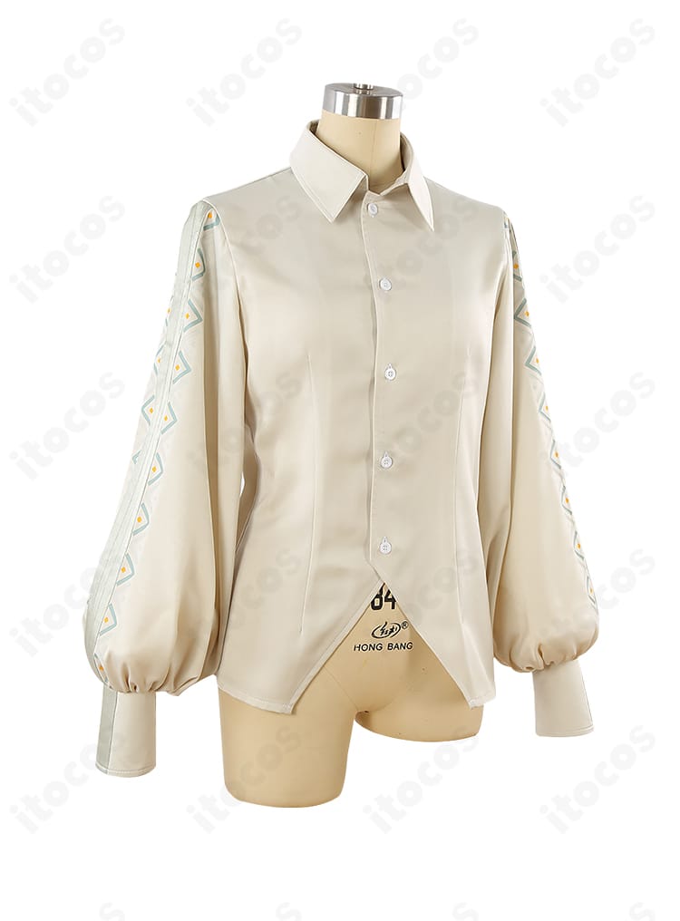 インナーシャツ部分のクローズアップ。襟元の縫製と生地感、重ね着の質感を詳細に表現。