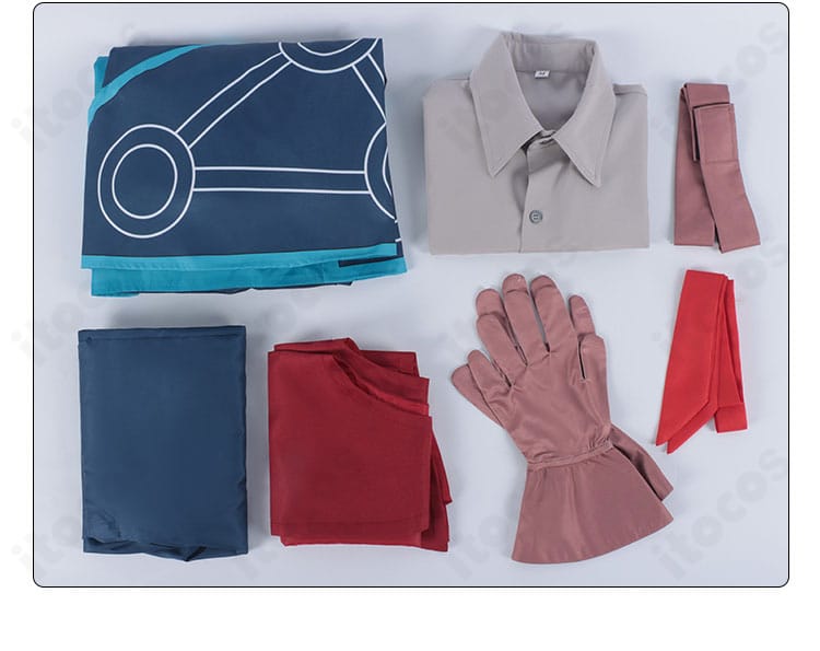 タクミ・イルマ コスプレ衣装のセット内容一式。コート、シャツ、ベスト、ズボン、ネクタイ、手袋、ベルトを並べた画像。