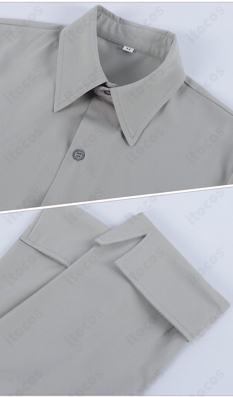 シャツの襟元と袖口の近接画像。襟の形状とカフスの仕様を確認できる。