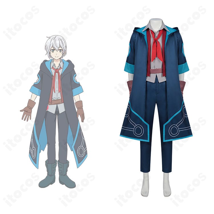 タクミ・イルマのキャラクター立ち絵と衣装正面を並置した画像。コートとベストの配色が分かる高再現の全身コスプレ衣装。