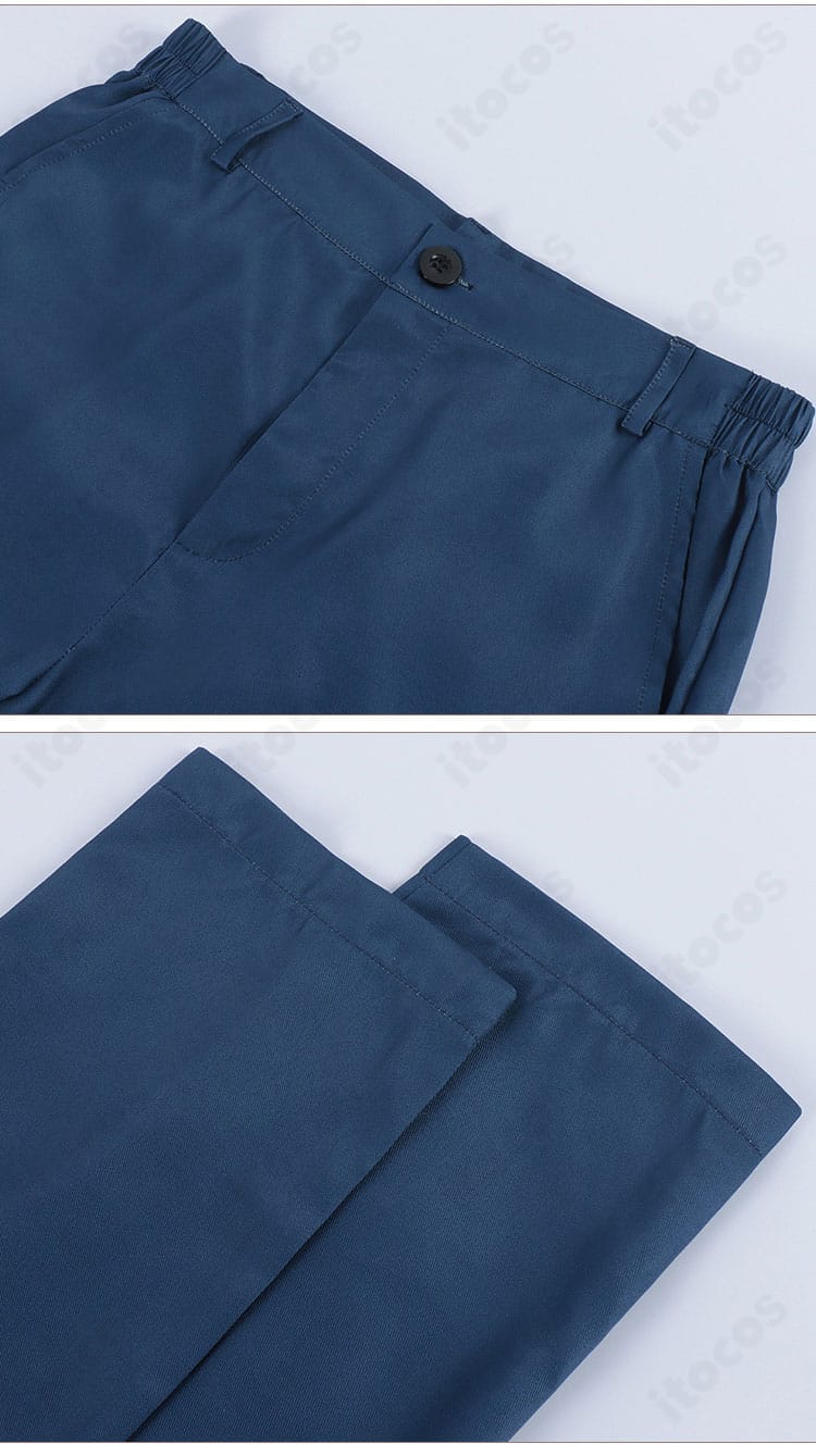 ズボンのウエストと裾のディテール。シルエットと縫製ラインを確認できる。