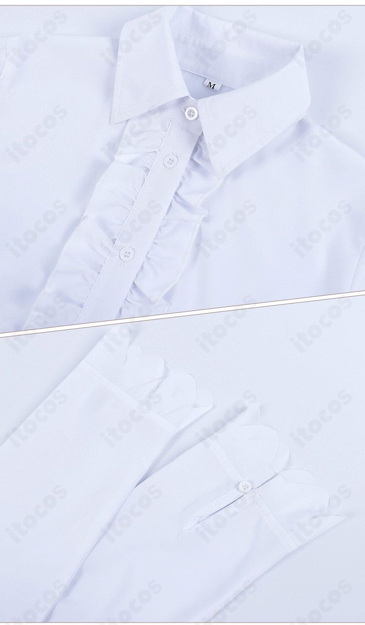 シャツの襟元と袖口装飾の拡大。ネクタイリボン付近の質感も確認可能。