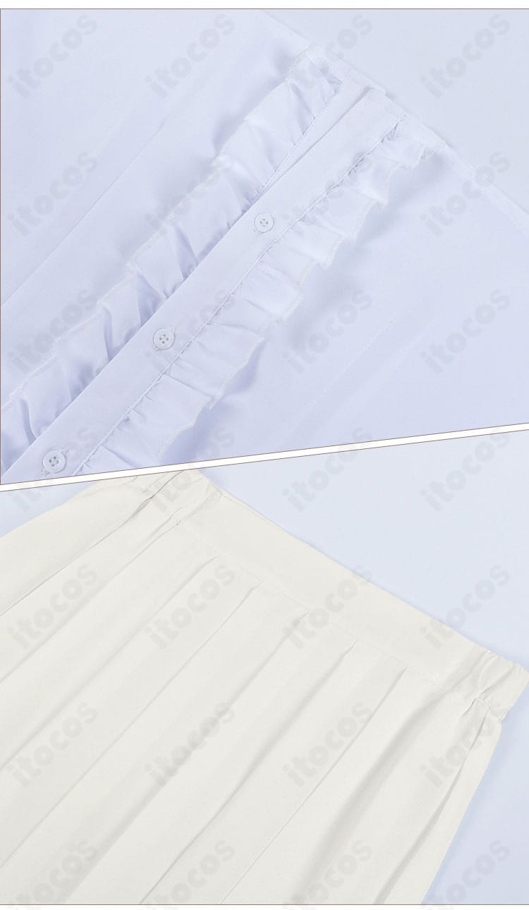 シャツ前立ての装飾とスカート裾の仕上げを捉えたディテール画像。