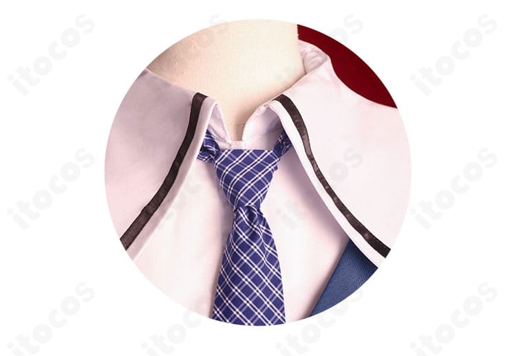 襟まわりのアップ。美浜学園制服コスプレ衣装の襟の刺繍と装飾ディテールが確認できる画像。