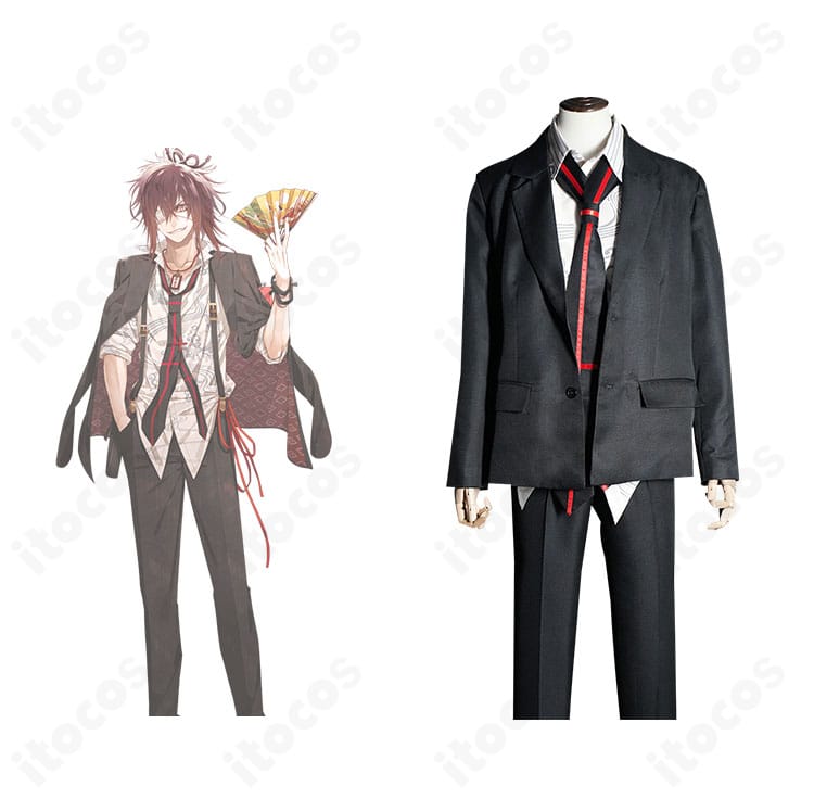 榎本峰雄のコスプレ衣装とキャラクタービジュアルの比較。正面のロングコートや紐飾りを高再現で確認できる画像。