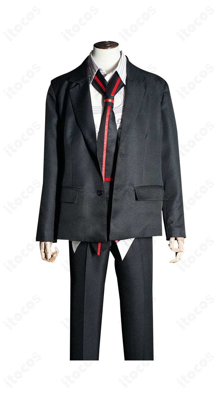 榎本峰雄モデルのコスプレ衣装・正面。ラペル形状や前立て、ネクタイの収まりなどディテールが分かるアップ。