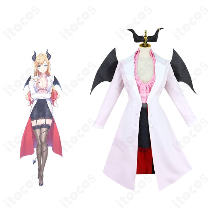 ホロライブ 癒月ちょこ 通常衣装コスプレの正面全体。白衣に黒トップス、翼・角・尻尾を備えた高再現セット。