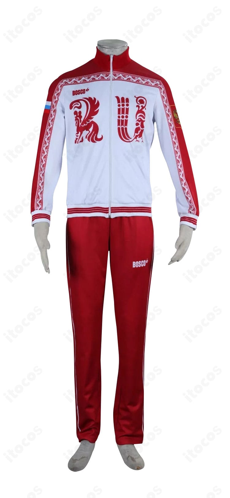 ヴィクトル・ニキフォロフのコスプレ衣装・正面ディテール。襟元から胸元の装飾配置と生地の質感がわかるアップ。