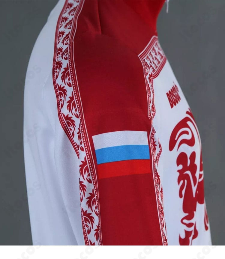 ヴィクトル・ニキフォロフ衣装・右袖ロゴと装飾のアップ。左右の意匠差と配置精度を確認できる画像。