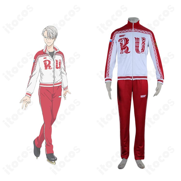 ヴィクトル・ニキフォロフのコスプレ衣装とキャラクター画像の比較。ユーリ!!! on ICEの競技衣装をエレガントに再現した正面全体像。