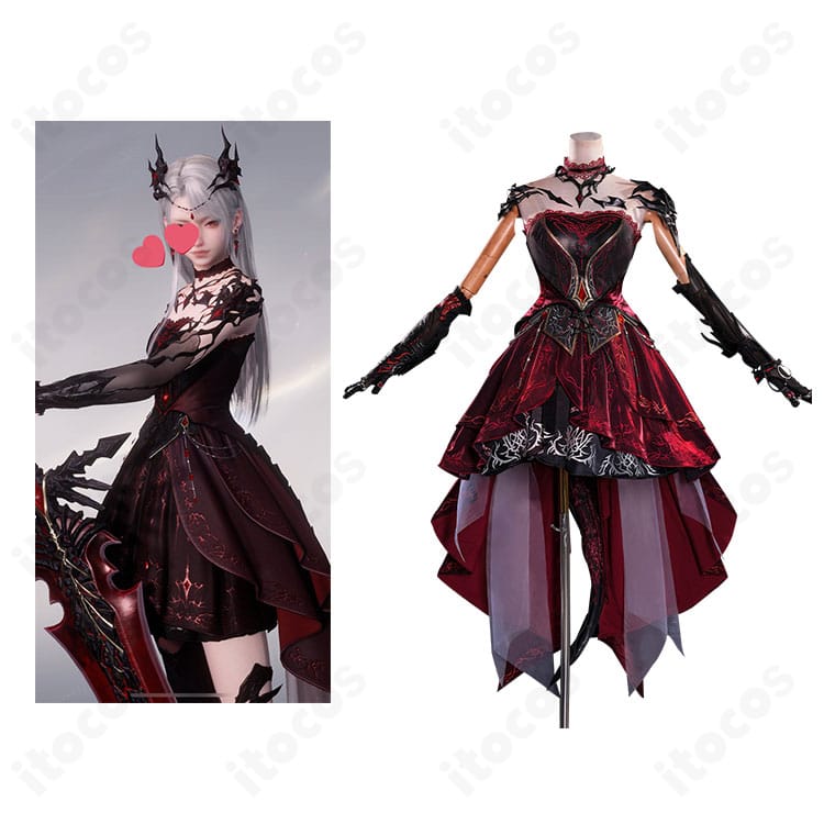 恋と深空 プレイヤーアバター「深紅の熱情」コスプレ衣装の正面全体像。ゲームイメージを忠実に再現した深紅ドレスとアバターイメージの比較カット。