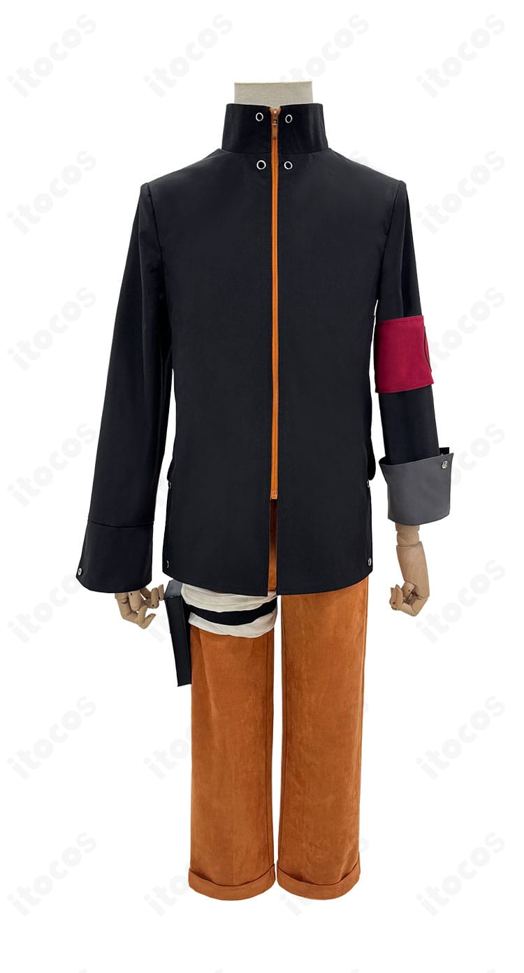 うずまきナルト コスプレ衣装の正面全身。オレンジ×ブラックのコートとズボン、腕章の位置関係が分かる画像。