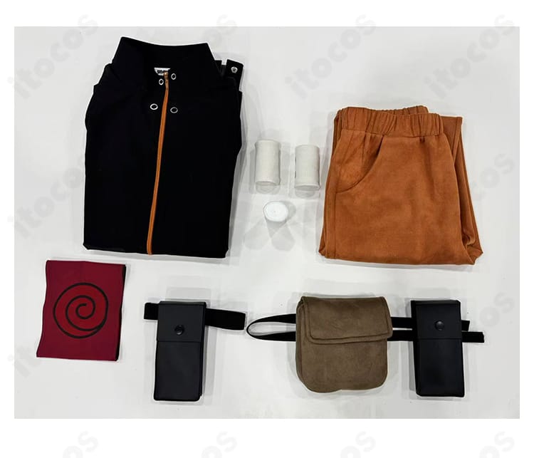 うずまきナルト コスプレ衣装のセット内容一式。コート、ズボン、包帯、太もも飾り、腕章、ウエストポーチが並ぶ確認画像。
